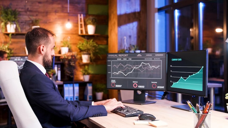 Manager Working Late Night Financial Data Two Monitors Setup 482257 32821