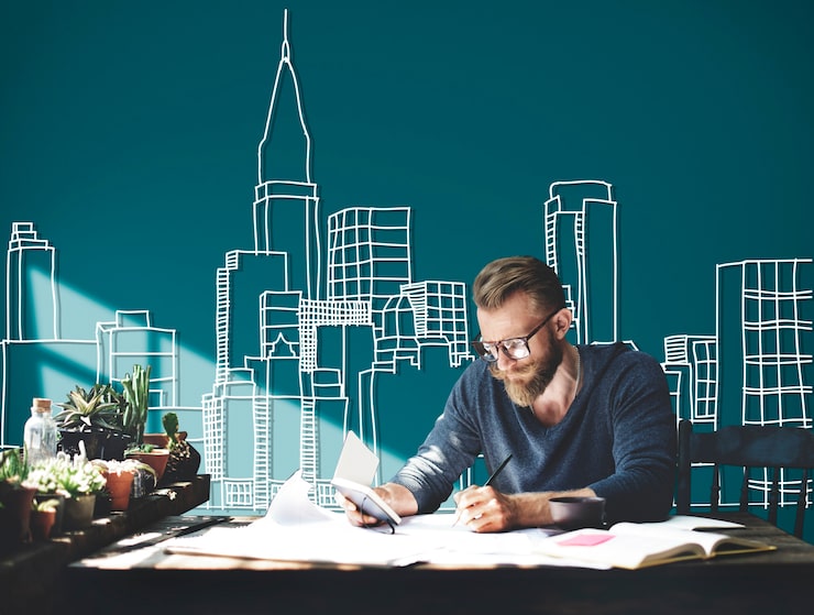 Caucasian Man Working With Building Illustration Green Background 53876 30072
