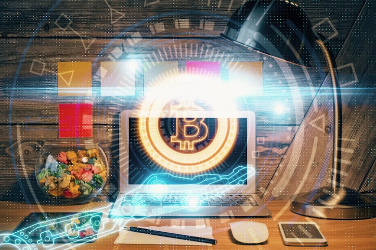 Double Exposure Blockchain Crypto Economy Theme Hologram Table With Computer Background Concept Bitcoin Cryptocurrency 700248 83035