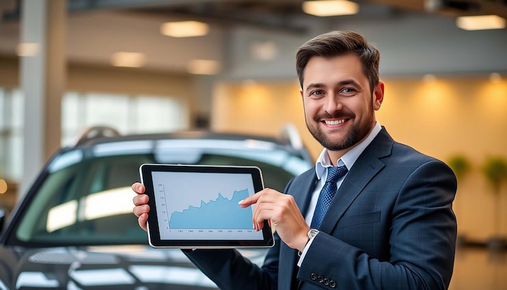 Man Suit Holds Tablet With Graph It 1345007 1738