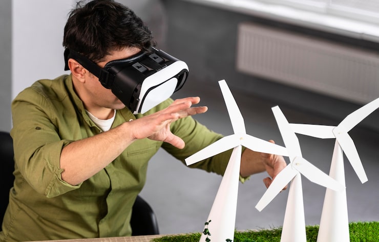 Man Working Eco Friendly Wind Power Project Using Virtual Reality Headset 23 2148847774