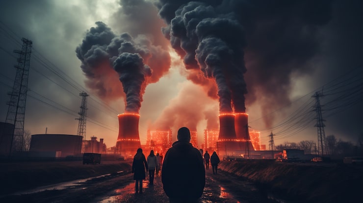 Person Looking Power Plant With Steam Coming Out Reactors 23 2150805606
